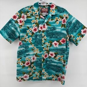 RJC Hawaiian Aloha Blue Shirt Men's Large Floral Palms Hibiscus Hawaii USA